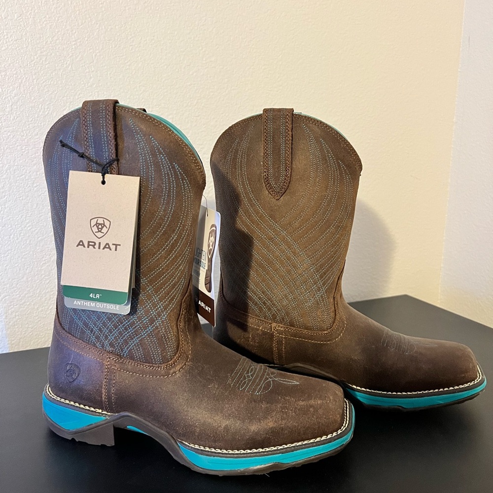 Ariat Heeled Boots Brown and Blue with Distressed Leather